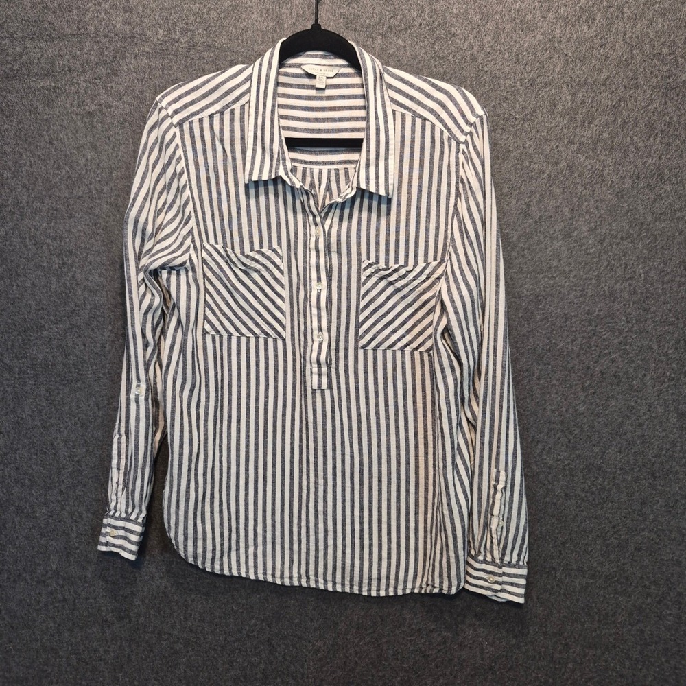 Lucky Brand L Linen Blend Popover Striped Shirt Coastal Nautical Preppy Roll Tab